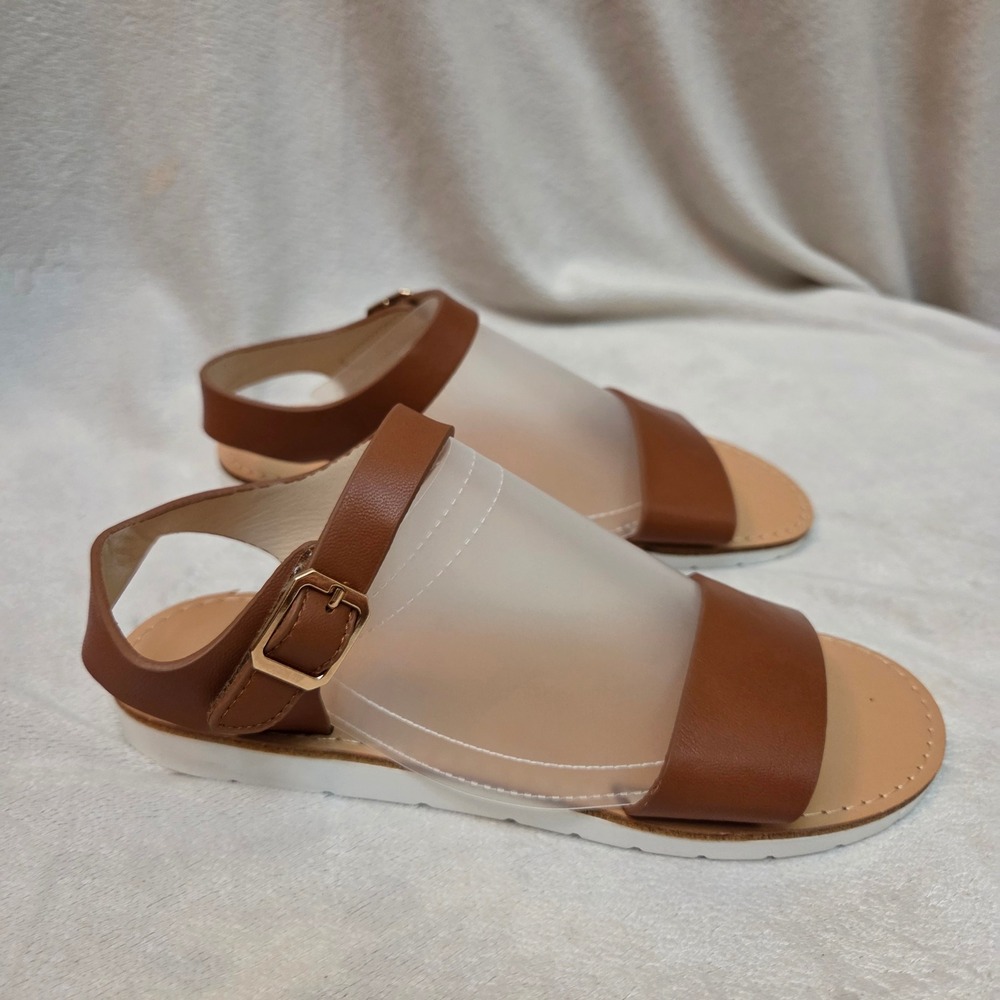 V Logo Girls Brown Faux Leather Flat Sandals Gold Buckle US 3 UK 2 EU 34